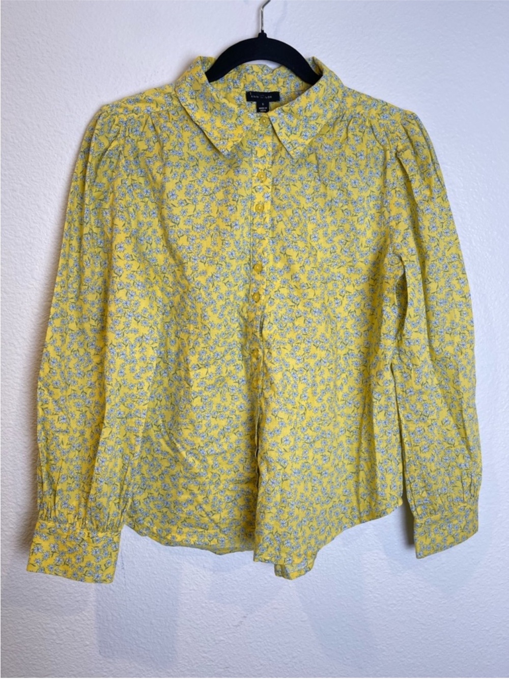 Ann Taylor Floral Button Up Shirt Sz Small Yellow Blue Cotton Cottagecore Blouse